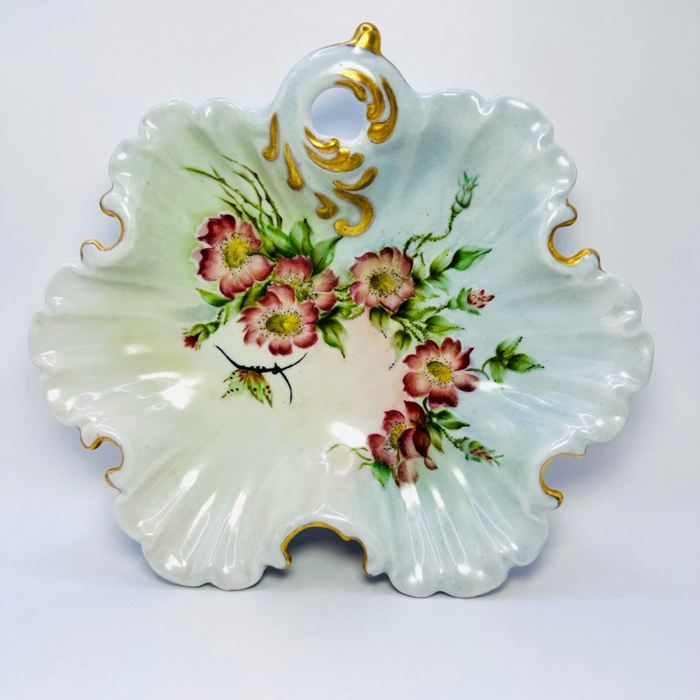Vintage 1969 Ornate Scalloped Tinged Porcelain Hand Painted Floral Bowl Dish